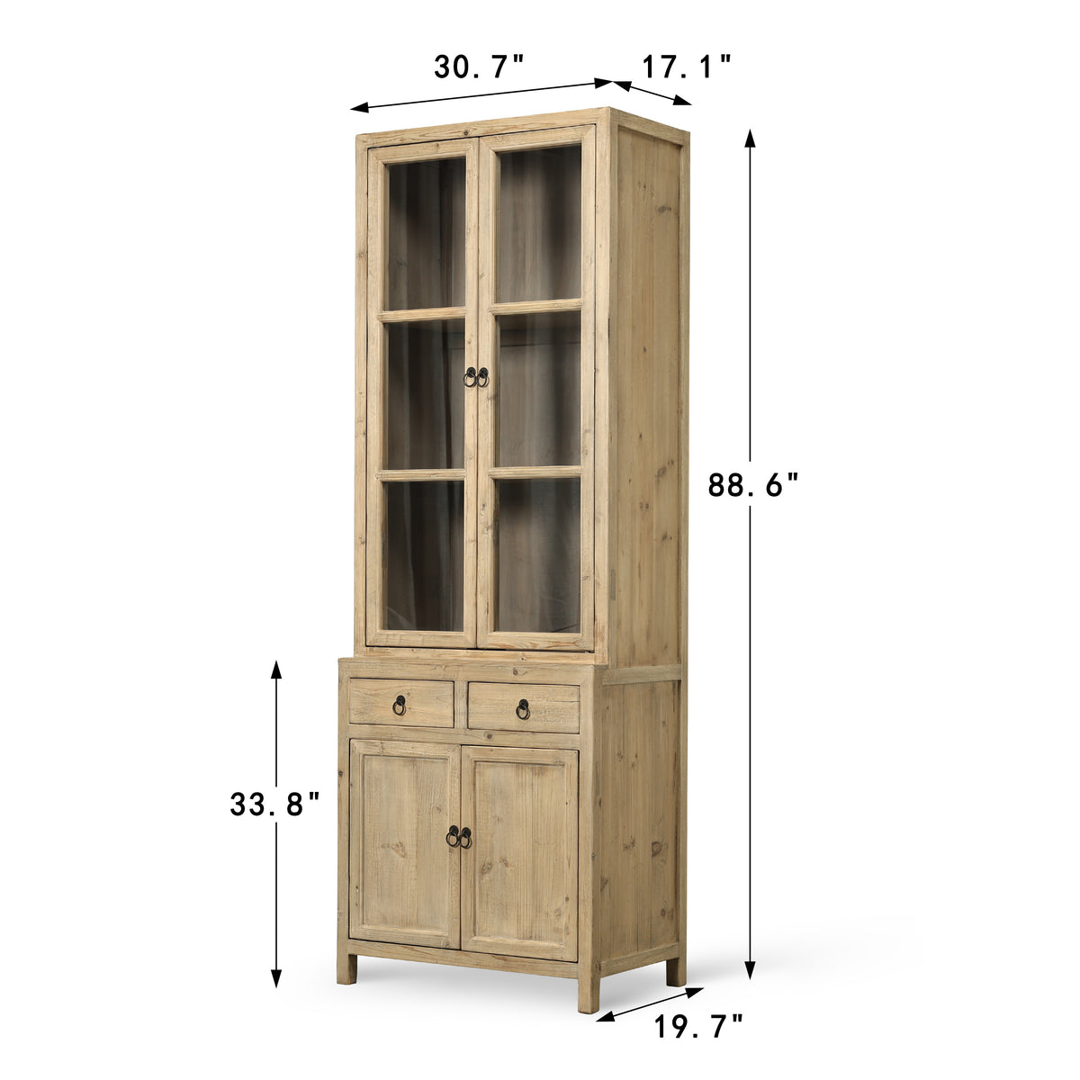 Approx. 89" High 4 Door Glass Display Cabinet Weathered Natural Pine PRE-ORDER ONLY(Minim 2)
