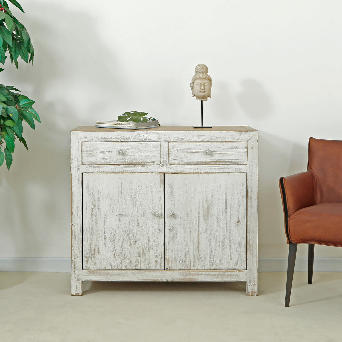 Amalfi Two Tones Cabinet with Two Drawers Distressed Off White