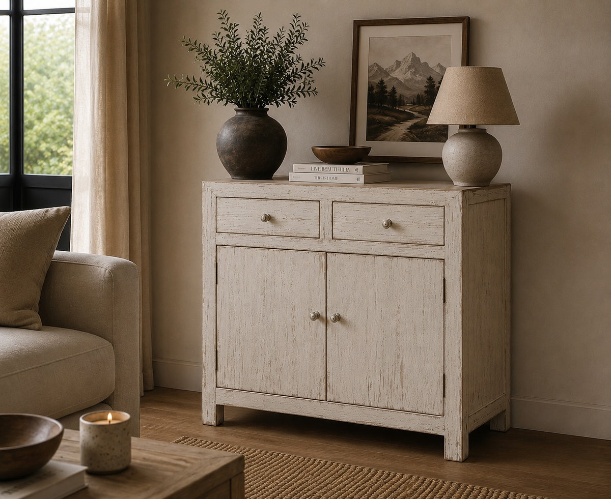 Amalfi Two Tones Cabinet with Two Drawers Distressed Off White