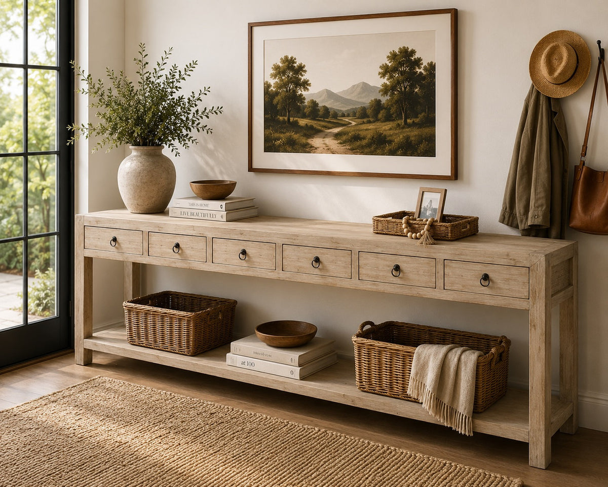 Capri Console Table with 6 Drawers Weathered Natural