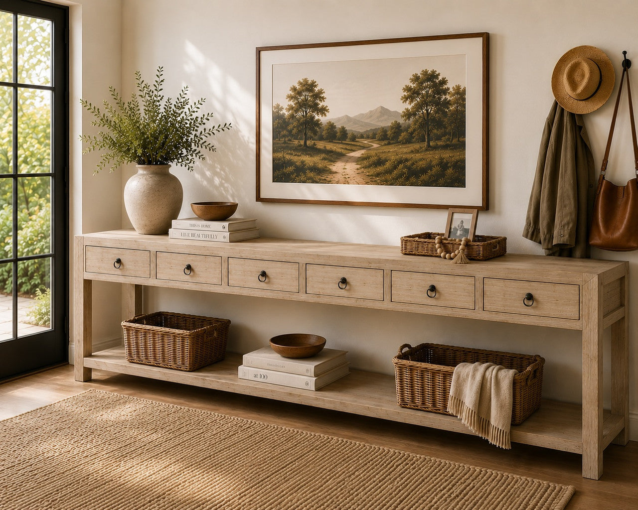 120" Capri Console Table with 6 Drawers Weathered Natural