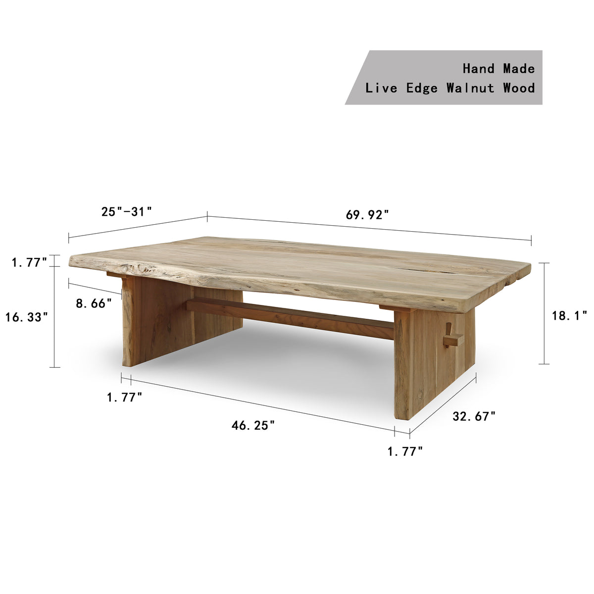 69" Live edge walnut wood coffee table natural (size and color vary)
