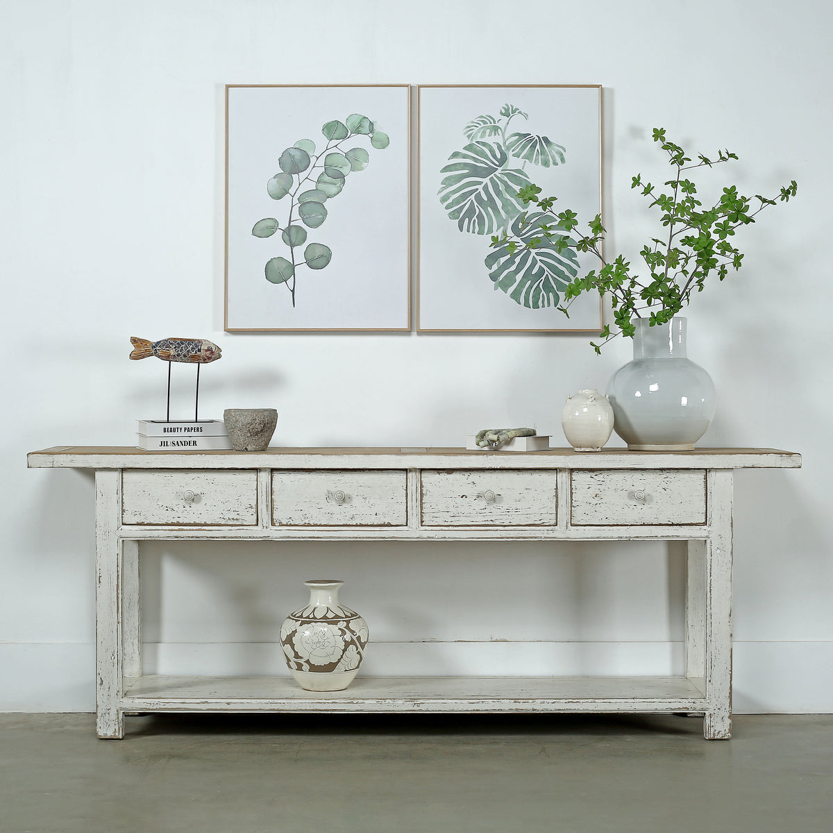 91" Long Amalfi Two Tones Console Table with 4 Drawers Distressed White