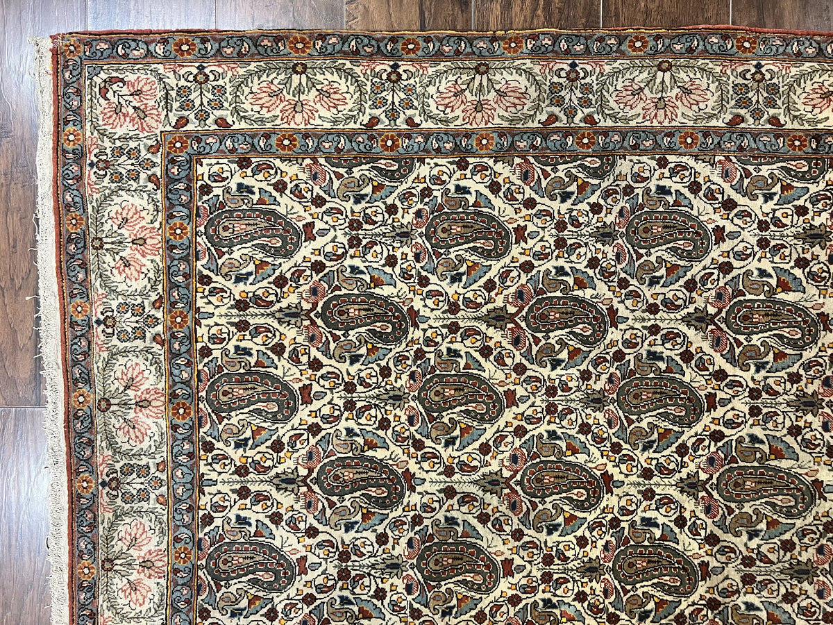 Persian Qum Rug 5x6, Cream Wool Hand Knotted Carpet, Repeated Boteh Paisely Design, Semi Antique Vintage Rug, Very Fine Weave 5 x 6 Rug - Jewel Rugs, view 6