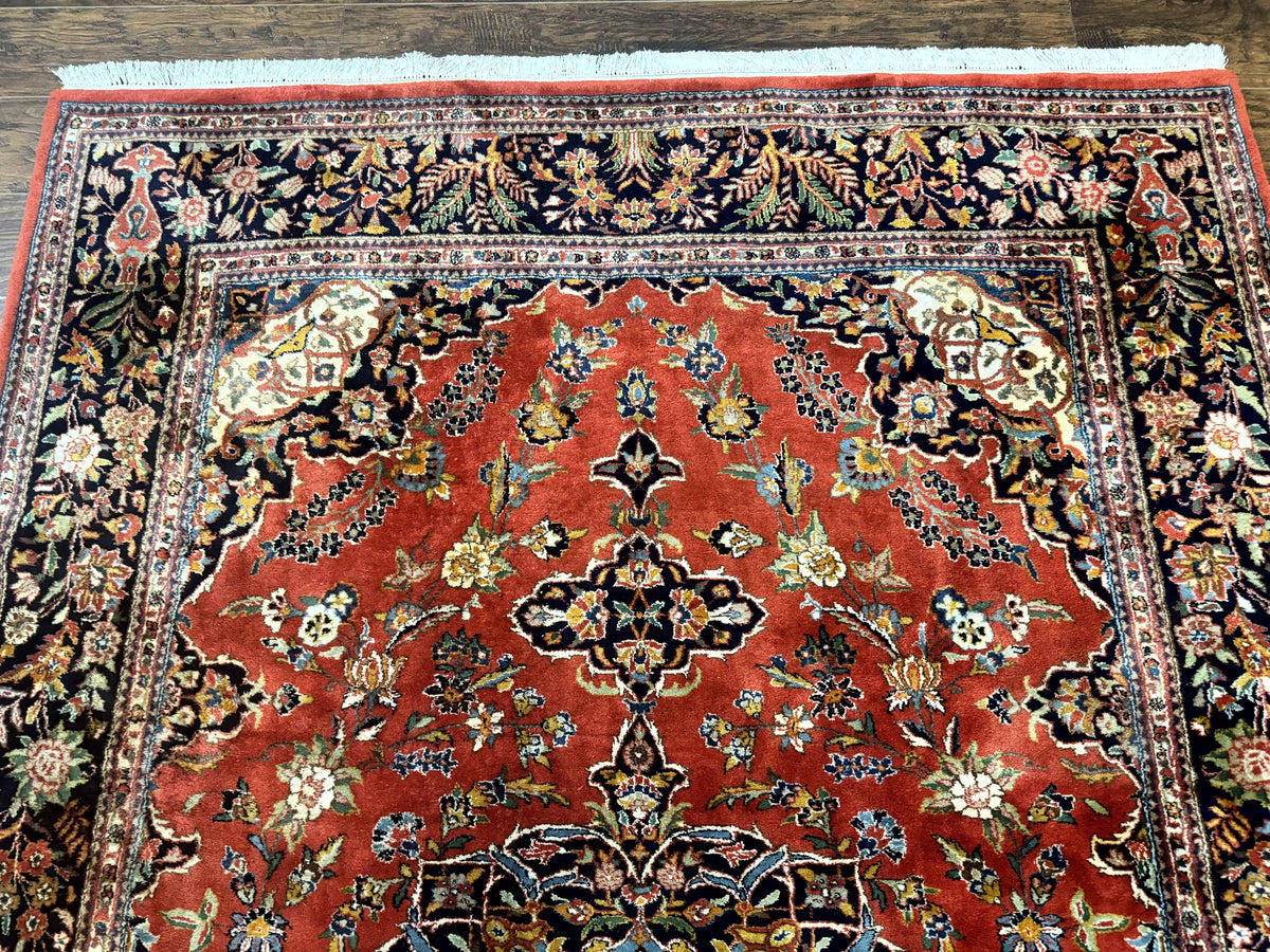 Indo Persian Rug 7x10, Vintage Handmade Wool Carpet, Floral Medallion Traditional Rug, Red and Midnight Blue - Jewel Rugs, view 8