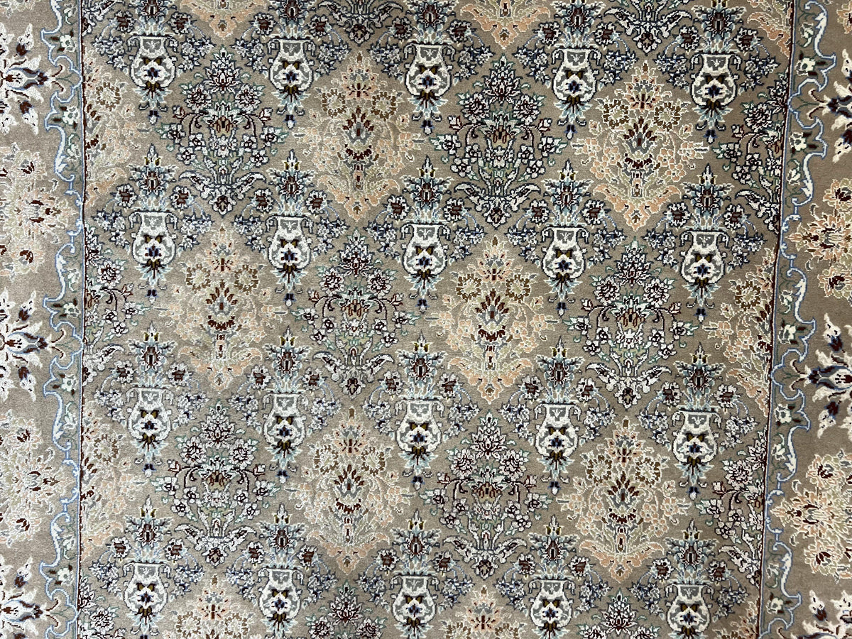 Super Fine Persian Isfahan Rug 3x5 ft, Kork Wool on Silk Foundation, Repeated Floral Motif, Taupe Tan Hand Knotted Oriental Carpet 3 x 5 ft, Signed - Jewel Rugs, view 9