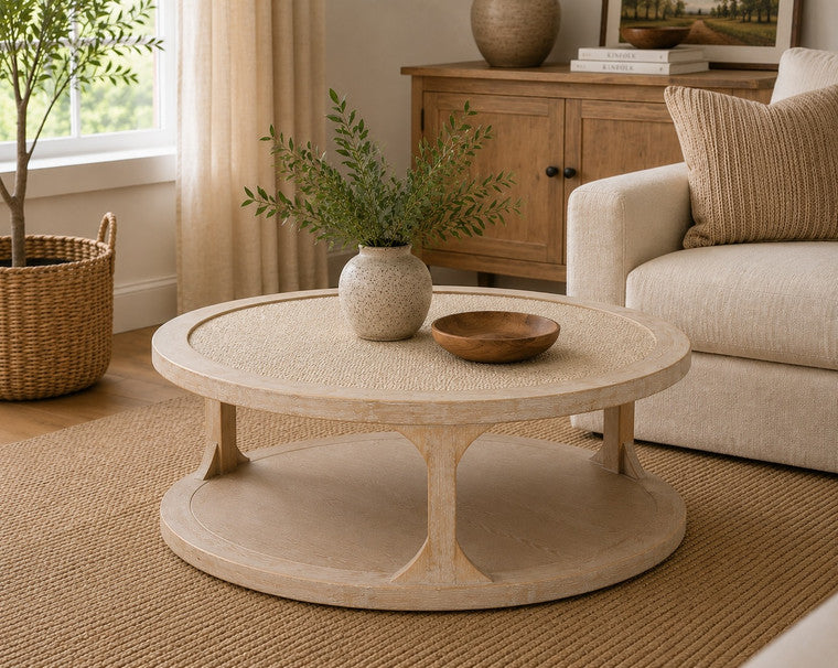 Milo Round Coffee Table with Rattan Top Weathered Whitewash 50x50 image 3