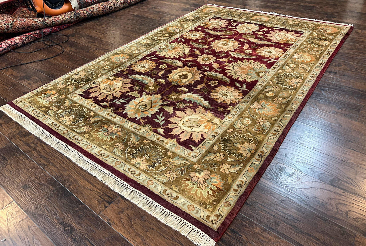 Indo Mahal Rug 6x9, Large Flowers Allover, Maroon and Green, Handmade Wool Area Rug, Vintage Rug, Indian Oriental Carpet, Hand Knotted Rug - Jewel Rugs, view 3