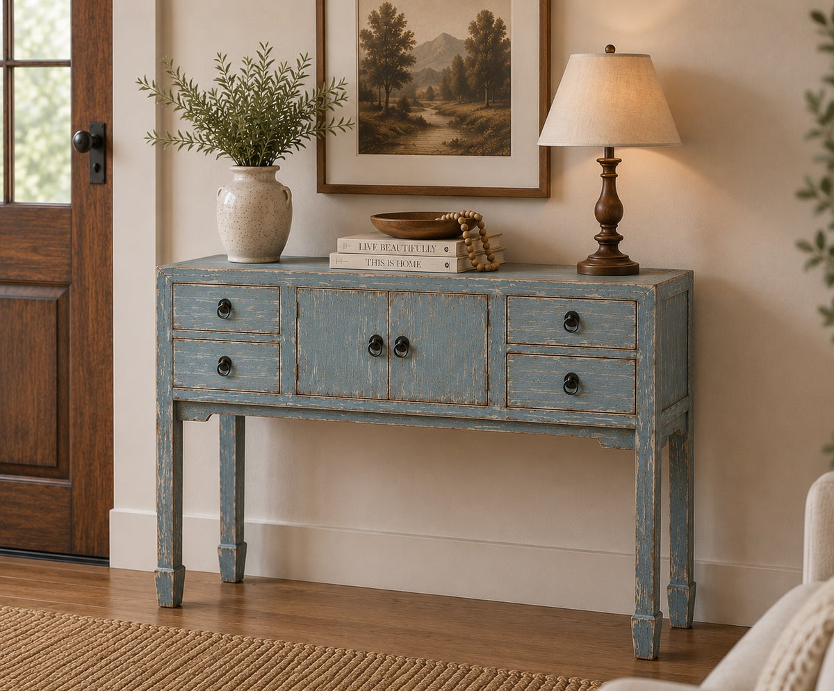 39" Long Four drawers console table weathered soft aqua