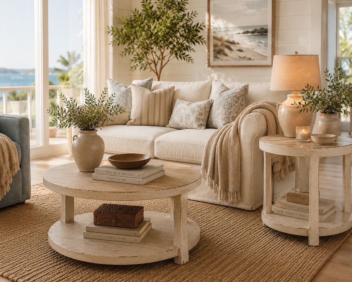 Amalfi Two Tones Round Side Table with Shelf Antique White