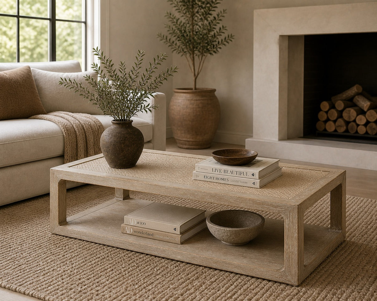 Milo Coffee Table with Rattan Top Weathered Whitewash 60x36x19