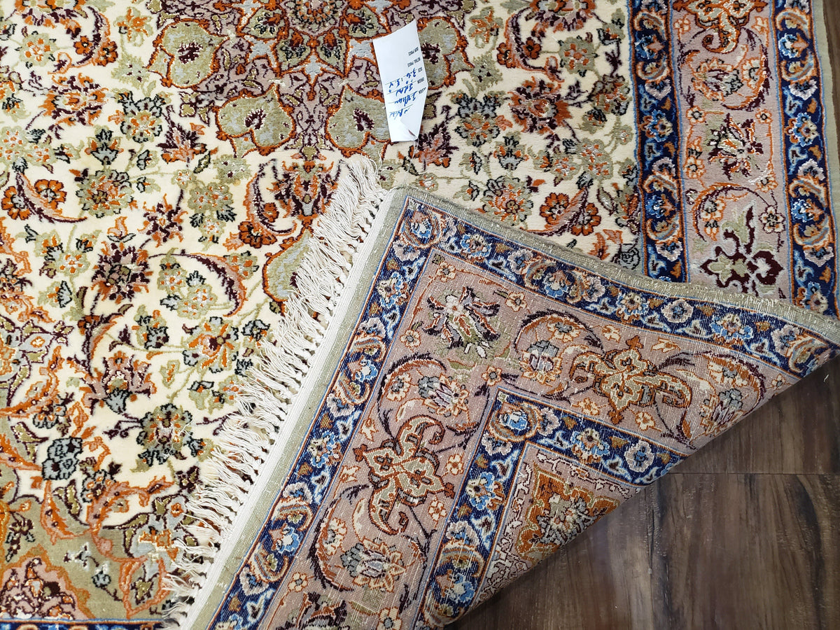 Vintage Persian Isfahan Lachak Toranj Rug, Highly Detailed, Kork Wool on Silk Foundation, Beige and Dark Blue, Hand-Knotted, 3'6" x 5' 4" - Jewel Rugs, view 11