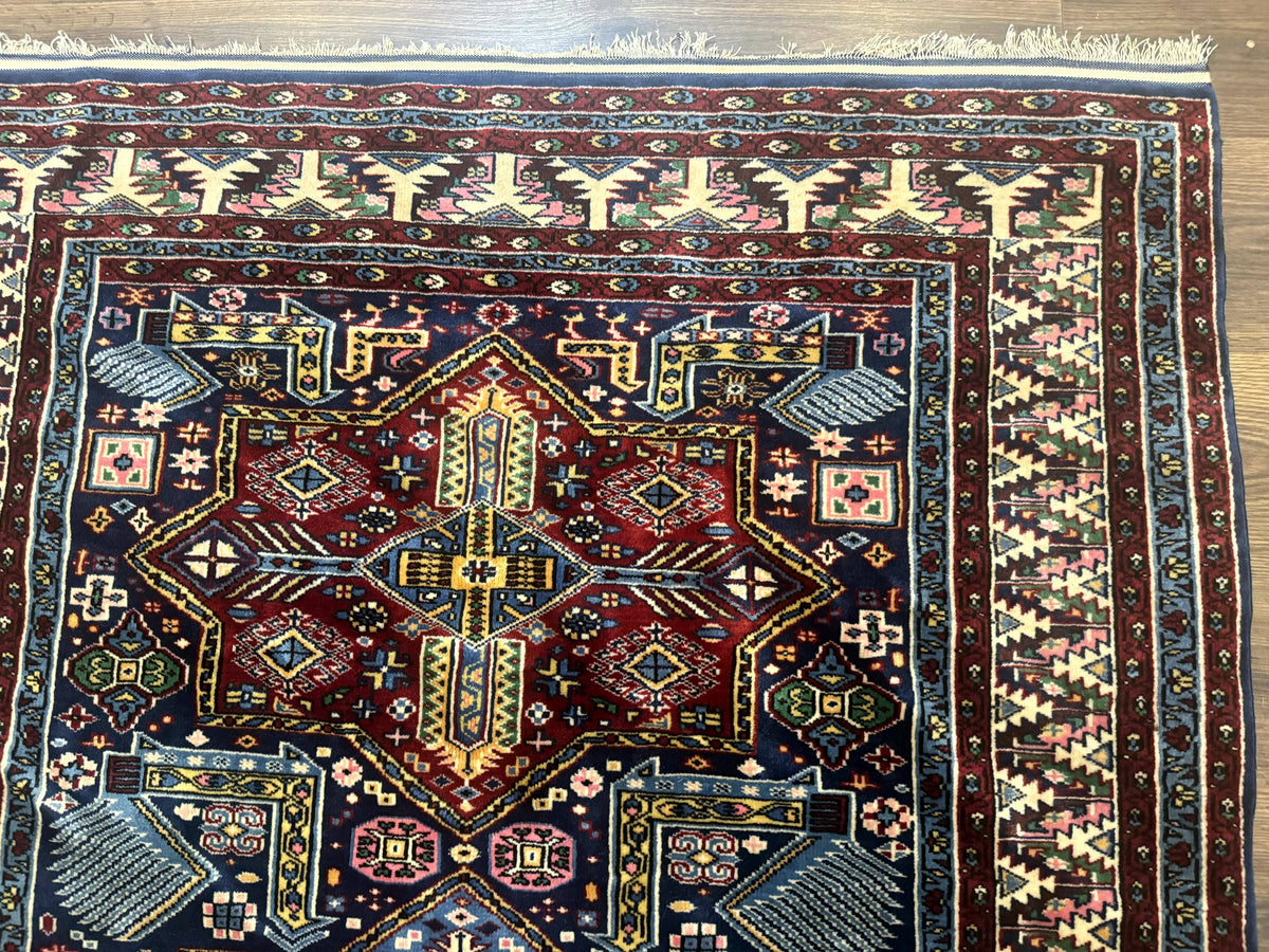 Indian Rug with Caucasian Design, 4x6 Geometric Carpet, Navy Blue and Cream - Jewel Rugs, view 8