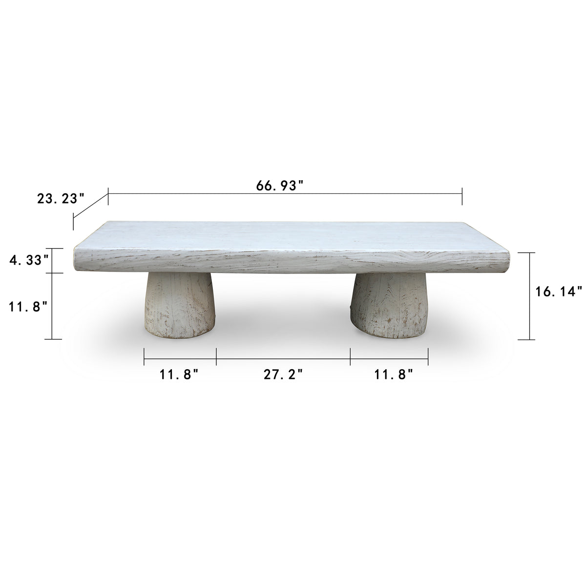 Approx. 67" Long 20-24 Inches Deep Live Edge Coffee Table with Barrel Legs Distressed White