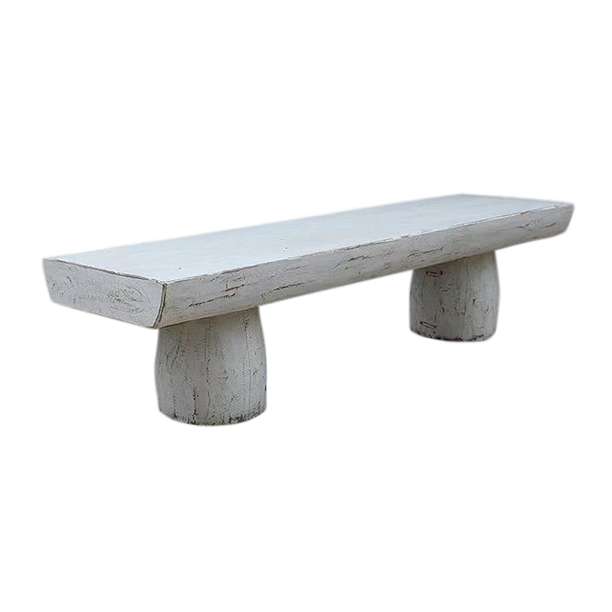 Approx. 67" Long 15-18 Inches Deep Live Edge Bench with Barrel Legs Distressed White Pre-order only