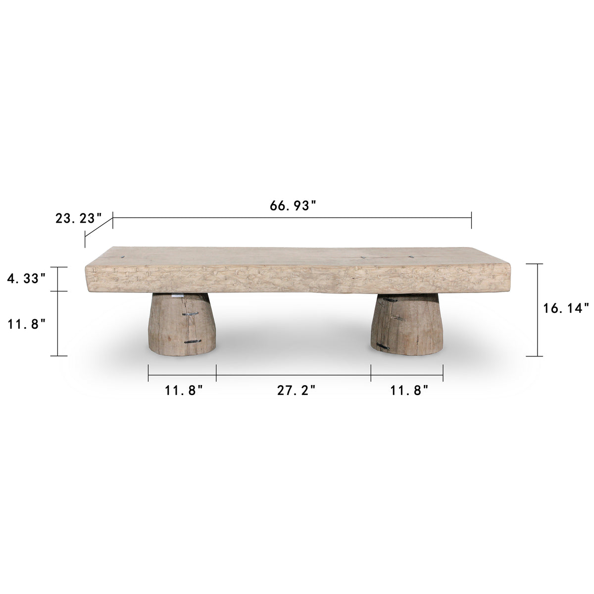 Approx. 67" Long 20-24 Inches Deep Live Edge Coffee Table with Barrel Legs Distressed White