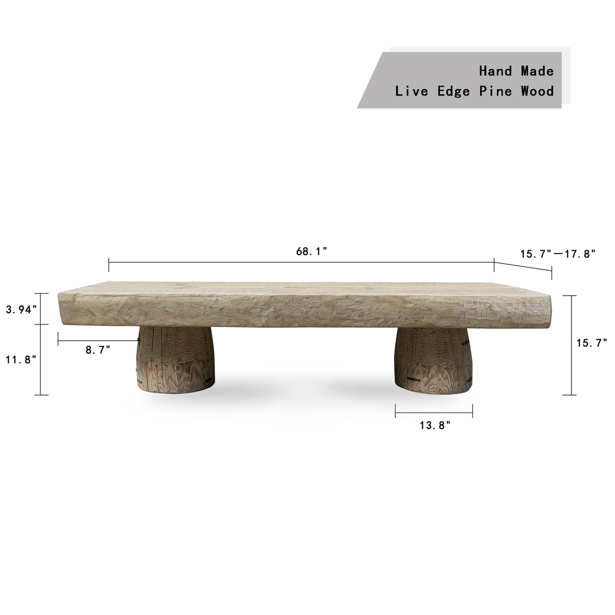 Approx. 67" Long 15-18 Inches Deep Live Edge Bench with Barrel Legs Distressed White Pre-order only