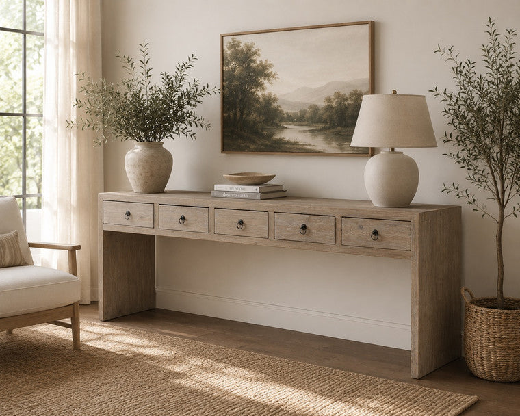 98" Waterfall Console Table with Five Drawers Weathered Natural(Dovetail Joints on tabletop) image 3