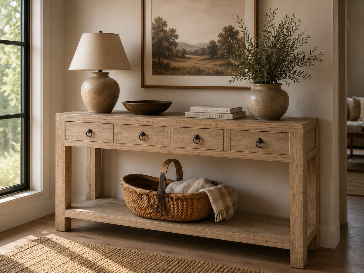 70" Capri 4 drawers sideboard weathered natural pinewood solid top