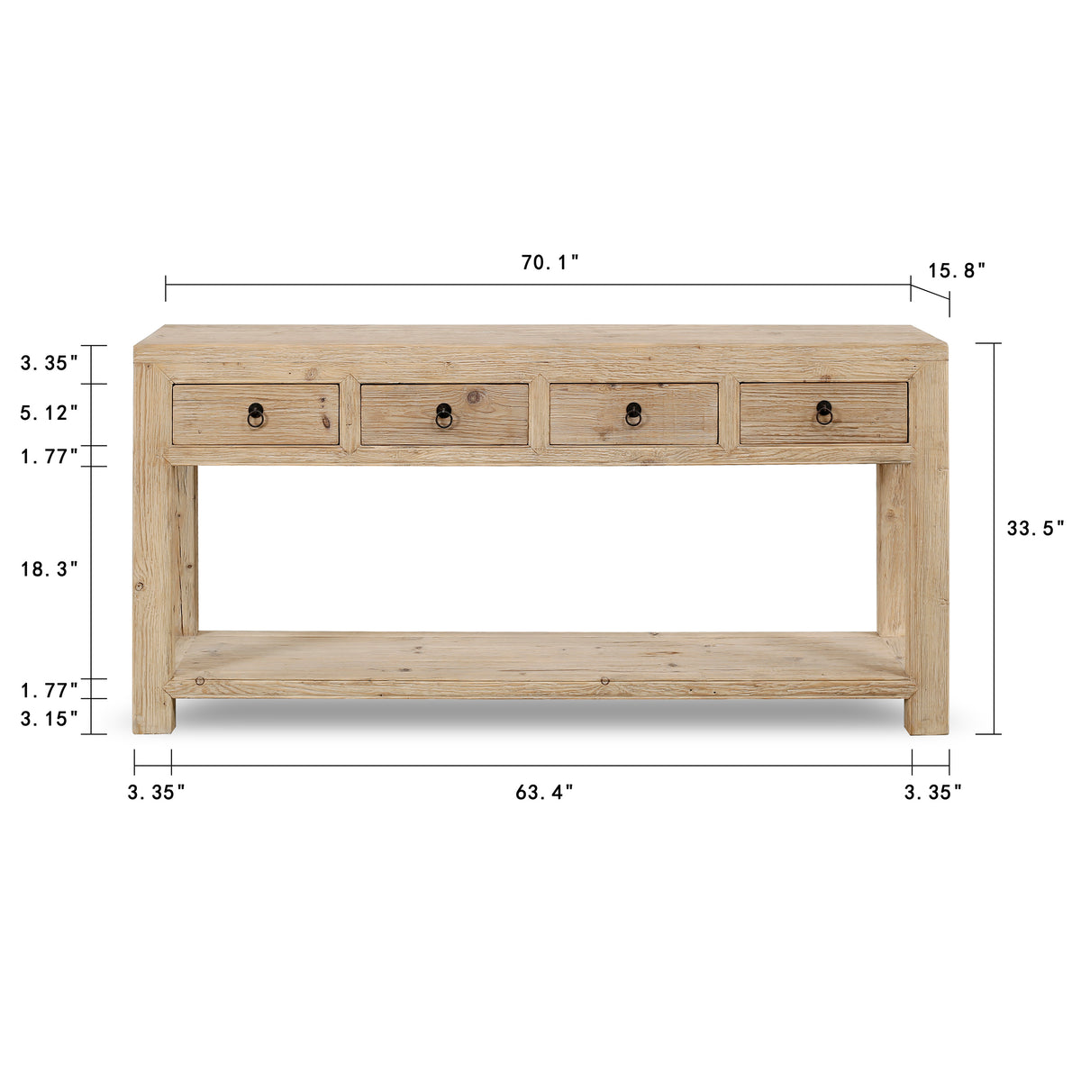 70" Capri 4 drawers sideboard weathered natural pinewood solid top