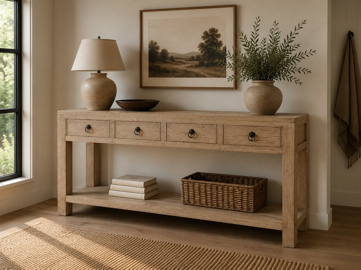 70" Capri 4 drawers sideboard weathered natural pinewood solid top