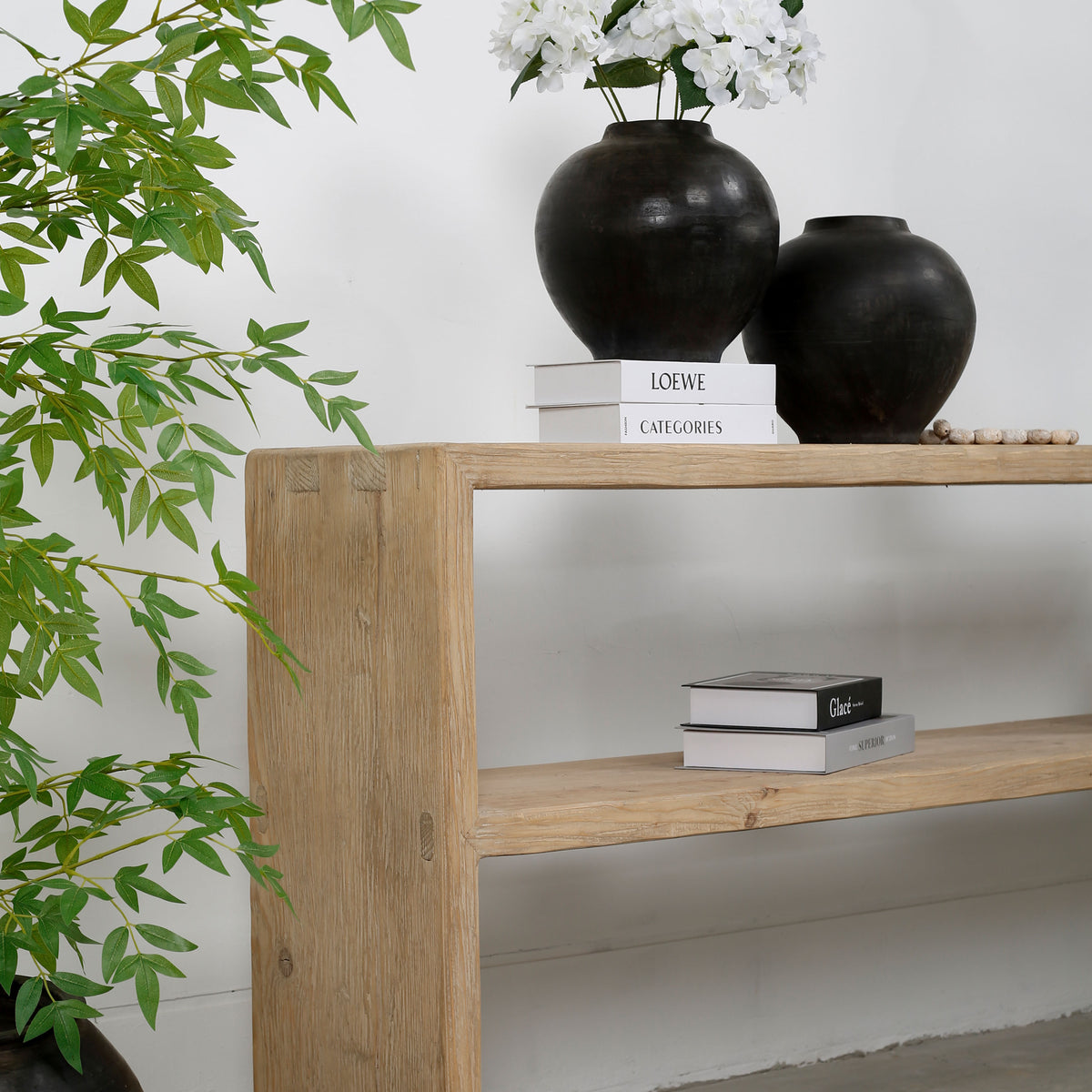 Waterfall console table with shelf weathered natural 88x14x35H