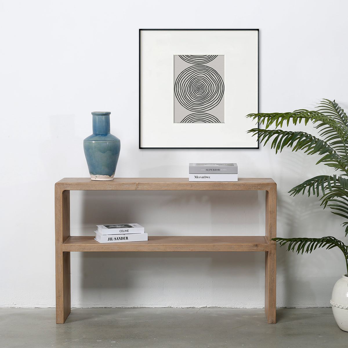 Waterfall console table with shelf weathered natural 48x12x31H
