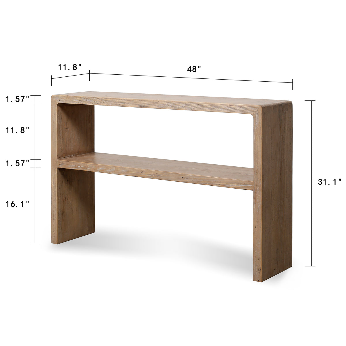 Waterfall console table with shelf weathered natural 48x12x31H