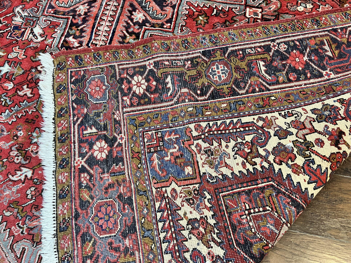 Large Persian Heriz Rug 10x13, Wool Hand Knotted Antique Carpet, Red and Ivory, Geometric Tribal Room Sized Rug, Decorative Oriental Rug - Jewel Rugs, view 11