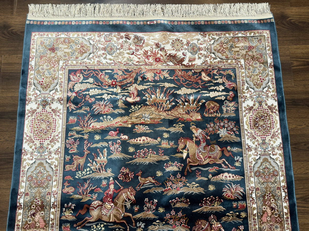 Turkish Silk Hunting Design Rug 4x6, Dark Steel Blue & Ivory, Bamboo Silk, New - Jewel Rugs, view 3