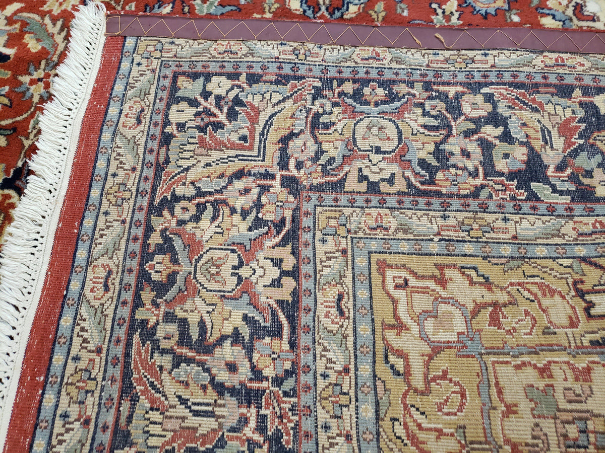Vintage Indo Persian Oriental Rug 6 x 9.6, Wool Hand-Knotted Red Dark Blue & Gold Indian Carpet, 6 x 9 Office Room Rug, Floral Medallion - Jewel Rugs, view 10