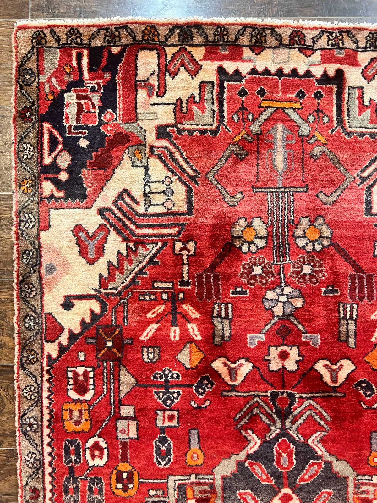 Antique Persian Tribal Rug 4 x 8, Geometric Medallion, Boho Rug, Wool Handmade Rug, Red 4x8 Rug, Persian Hamadan Rug - Jewel Rugs, view 7