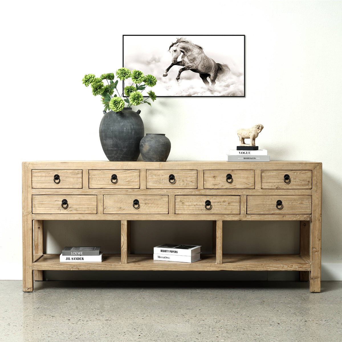 75" Long Console Table 9 Drawers Weathered Natural