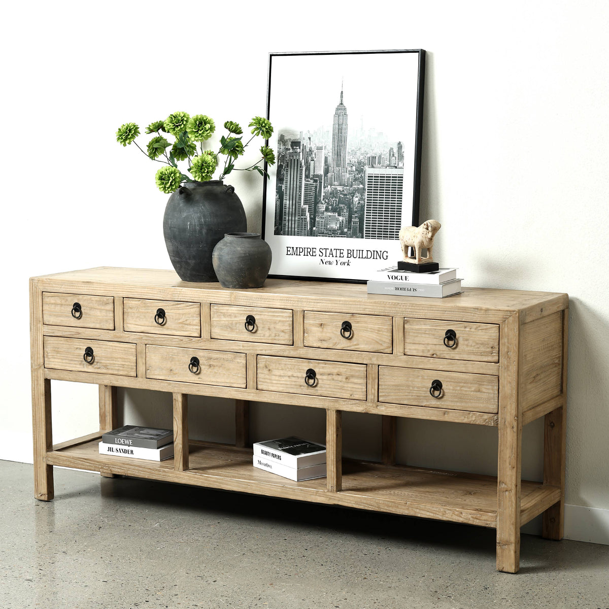 75" Long Console Table 9 Drawers Weathered Natural