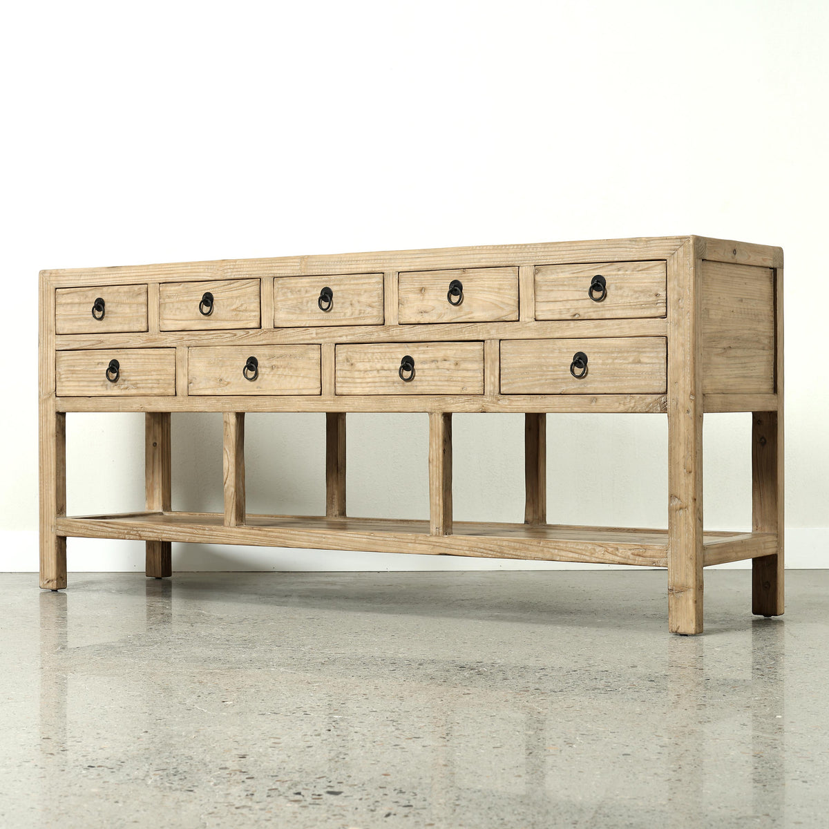 75" Long Console Table 9 Drawers Weathered Natural