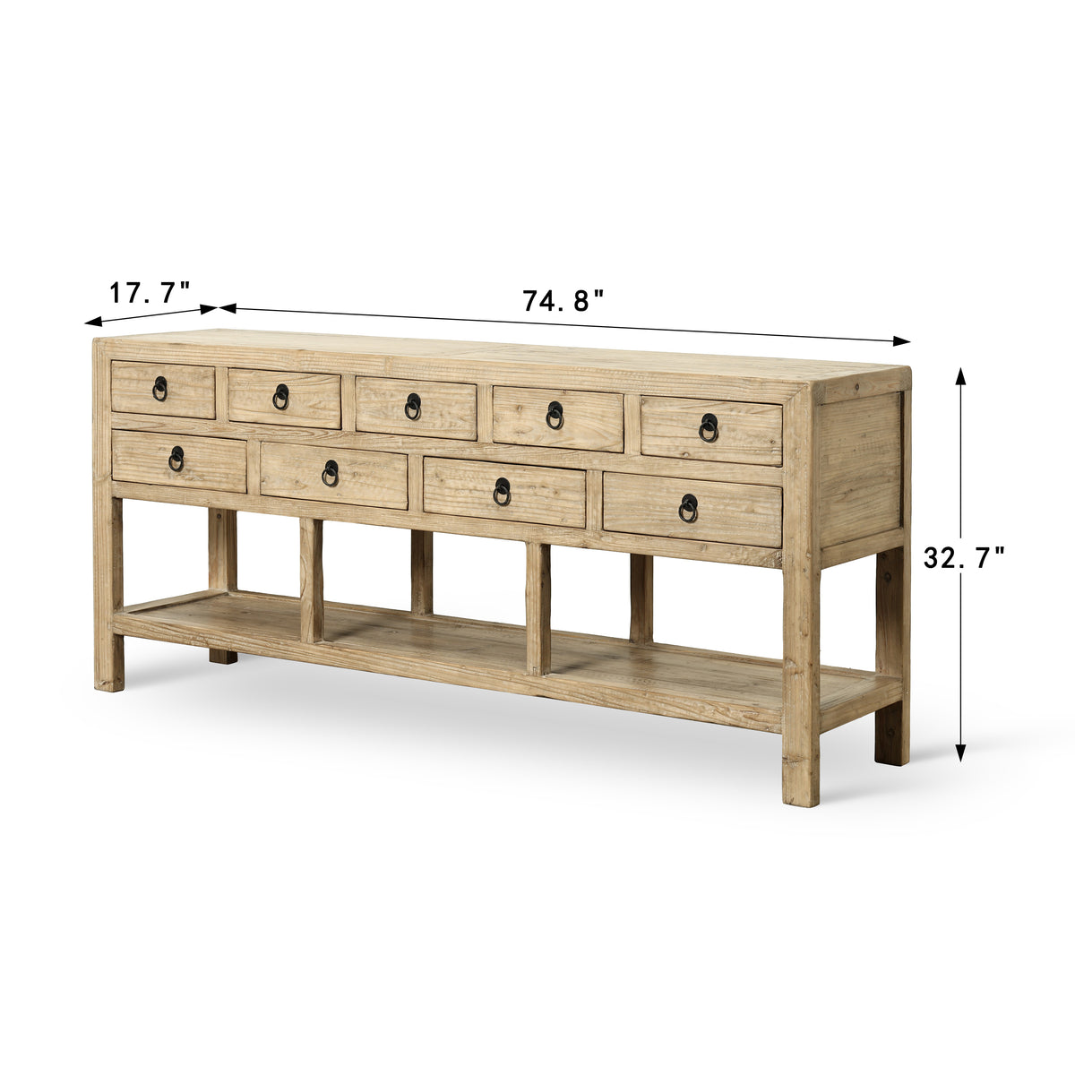 75" Long Console Table 9 Drawers Weathered Natural