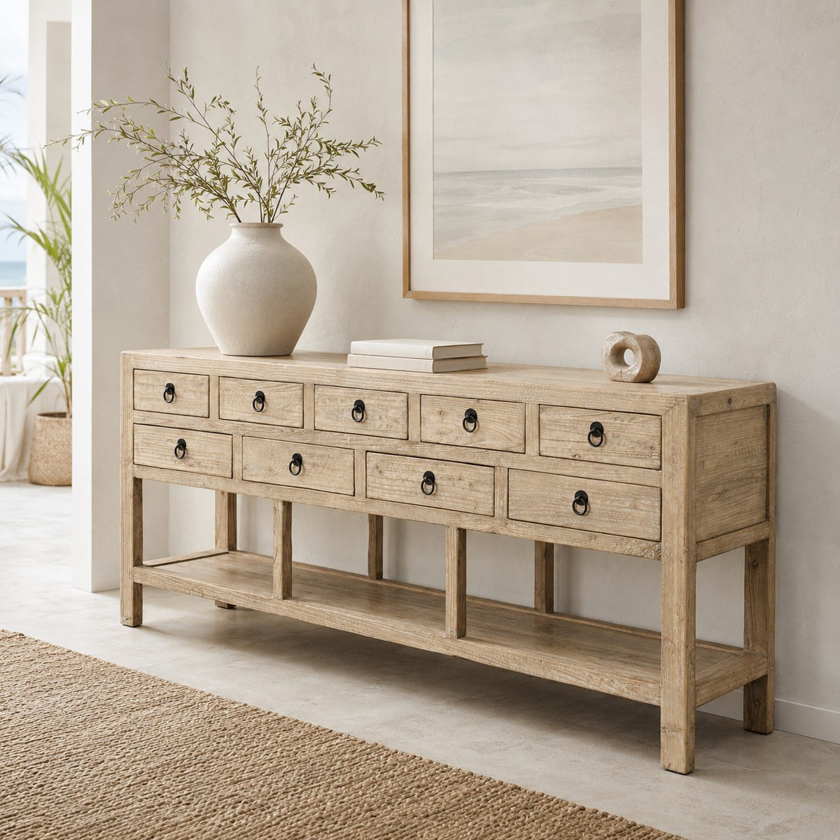 75" Long Console Table 9 Drawers Weathered Natural