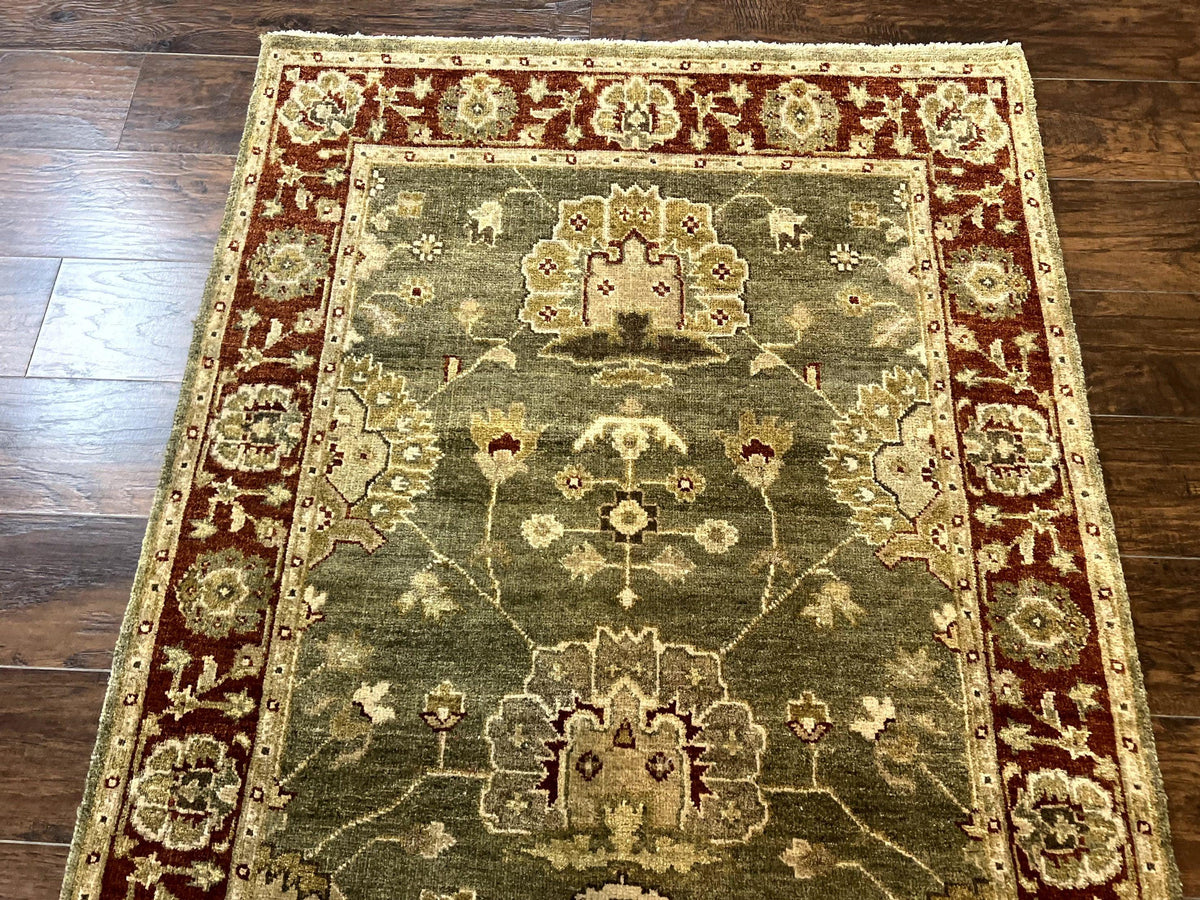Indo Oushak Rug 4x6, Green and Maroon, Vintage Wool Floral Rug, Indian Agra Rug - Jewel Rugs, view 3