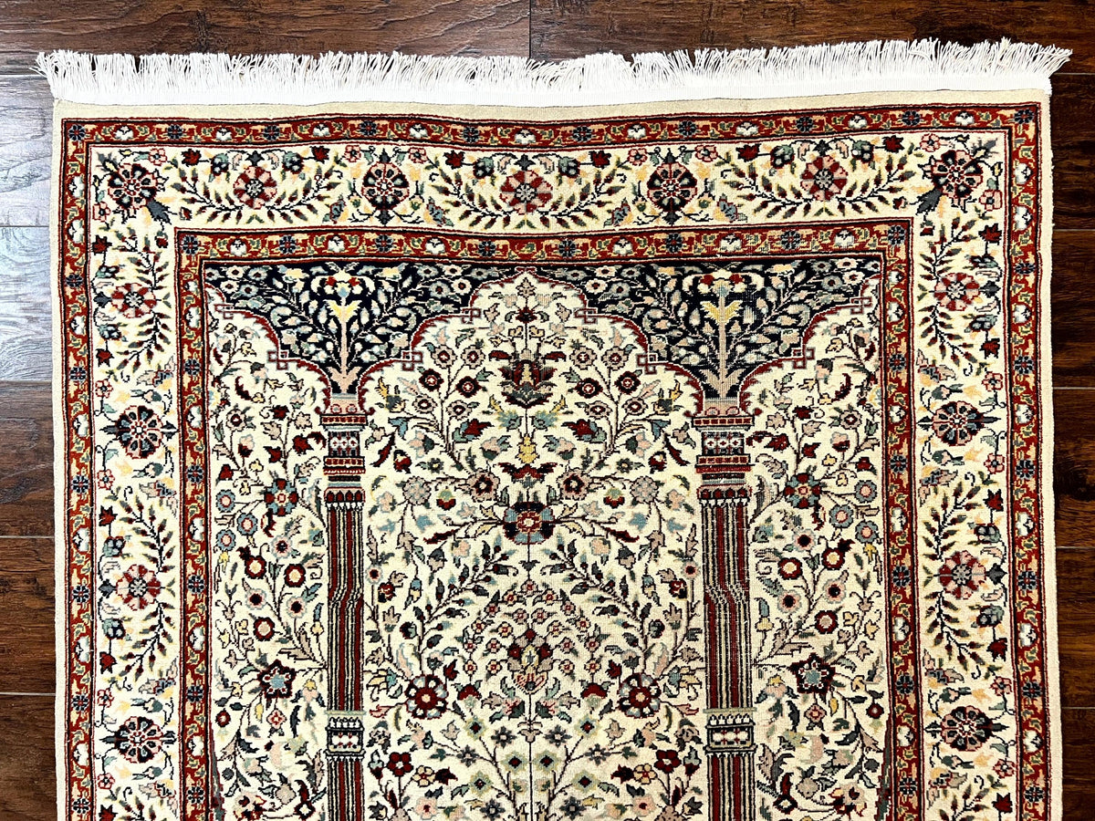 Pak Perisan Prayer Rug 4x6, Tree of LIfe Carpet, Handmade Vintage Wool Rug, Beige, Floral Vases - Jewel Rugs, view 4