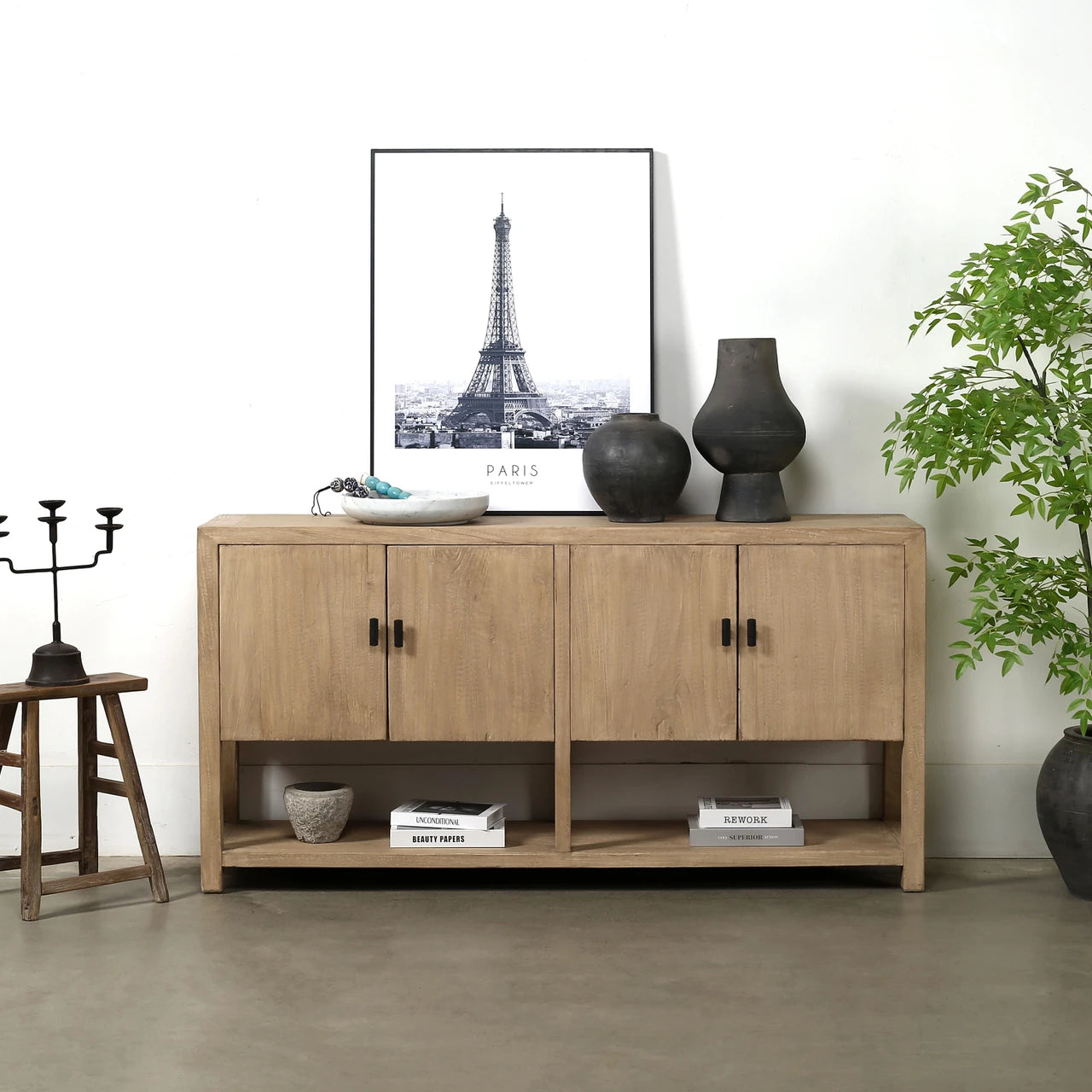 Four Door Sideboard With Shelf | Weathered Natural Reclaimed Wood