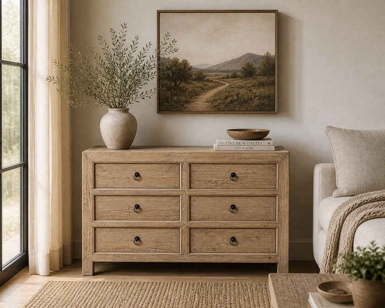 6-Drawer Chest 53Wx18Dx40H Weathered Natural Solid Pine image 3
