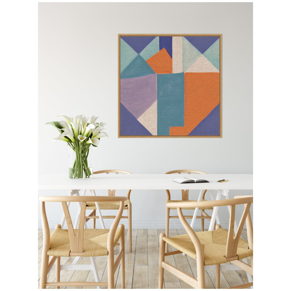 Sylvie Painterly Soft Geometric Shapes Neutral Linen Framed Canvas by The Creative Bunch Studio