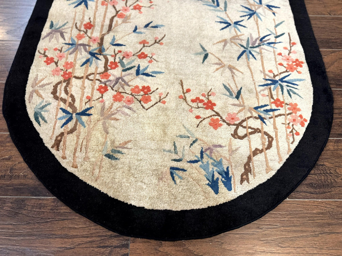 Antique Chinese Oval Rug 3.9 x 6.7, Floral, Butterflies, Chinese Wool Art Deco Peking Carpet, Beige, Handmade - Jewel Rugs, view 3