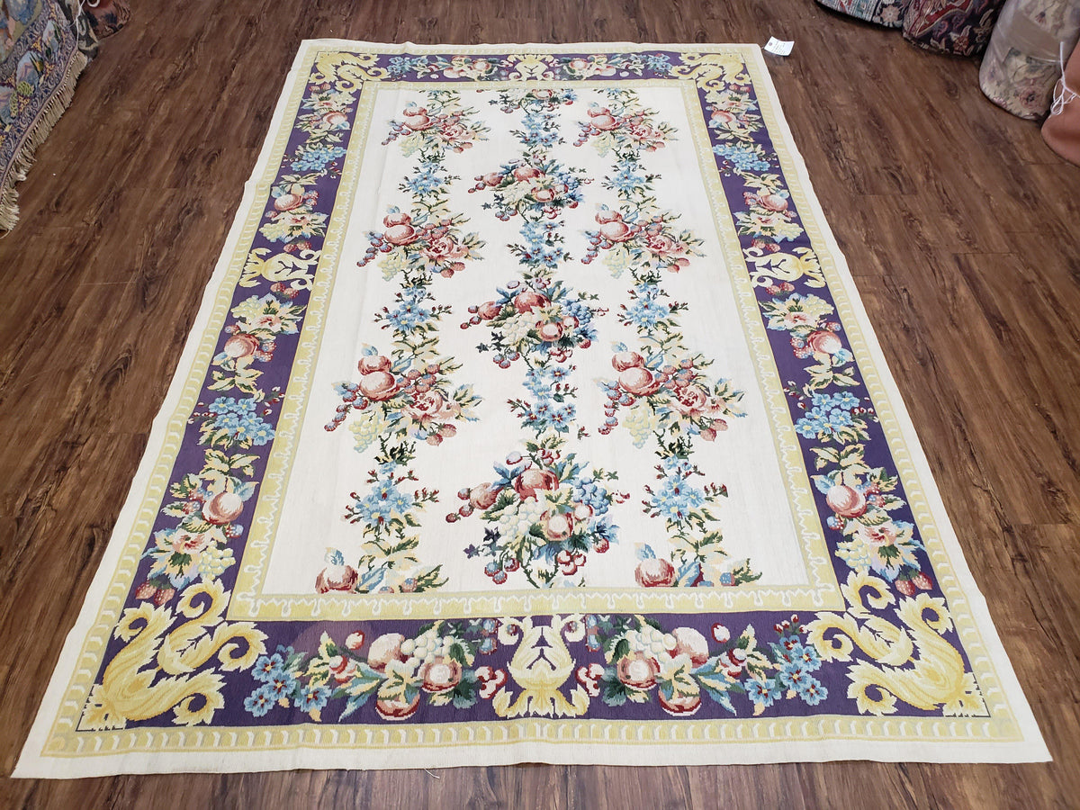 Vintage Chinese Floral Needlepoint Area Rug 6x9, Wool Hand-Woven Handmade Flatweave Rug, Ivory & Purple, Fruits Grapes Apples, Dining Room - Jewel Rugs, view 2