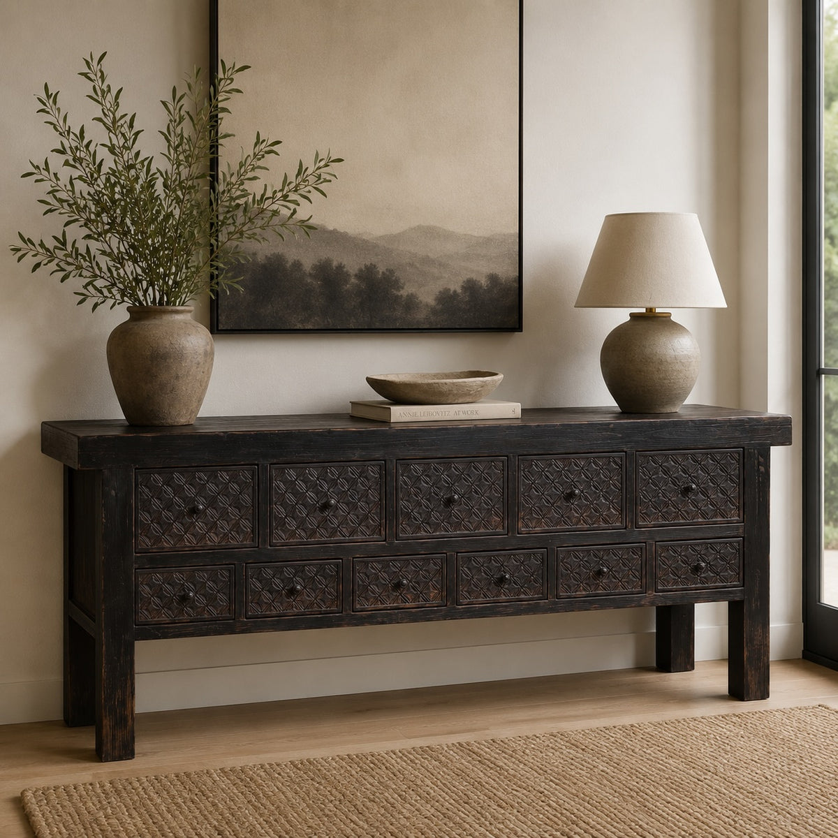 Ravenna Hand-Carved Apothecary Console – 93" Distressed Black
