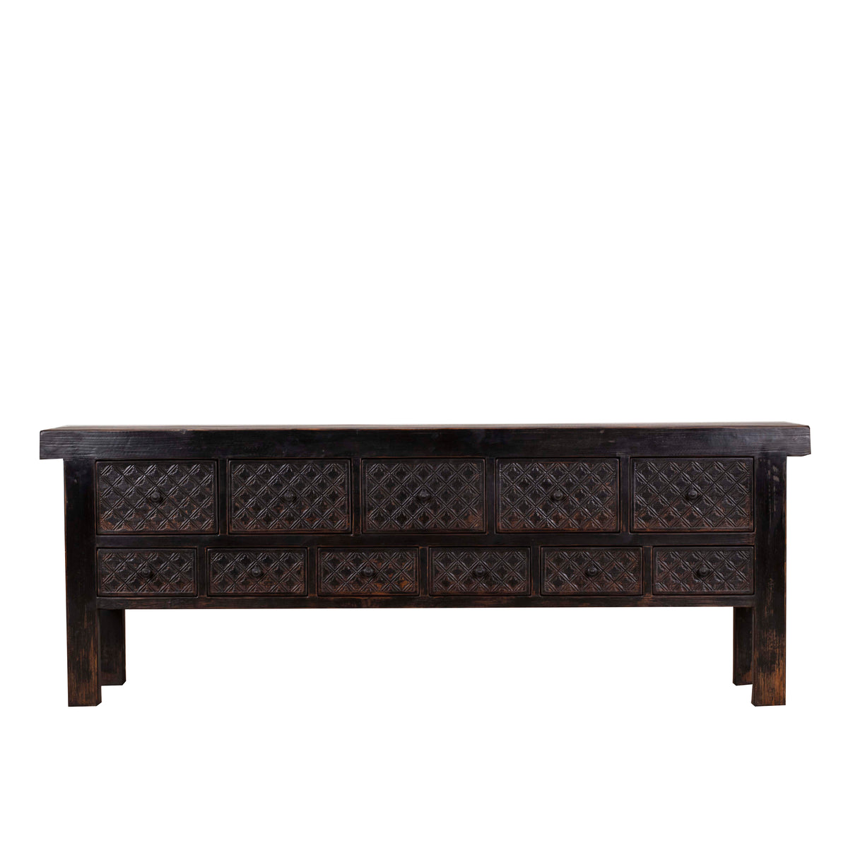 Ravenna Hand-Carved Apothecary Console – 93" Distressed Black