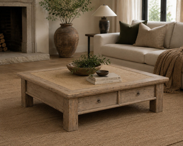 Four Drawers Coffee Table with Rattan Top Weathered Gray image 3