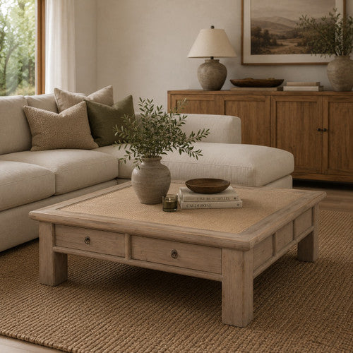 55 Inches Wide Four-Drawer Coffee Table with Rattan Top Weathered Natural image 2