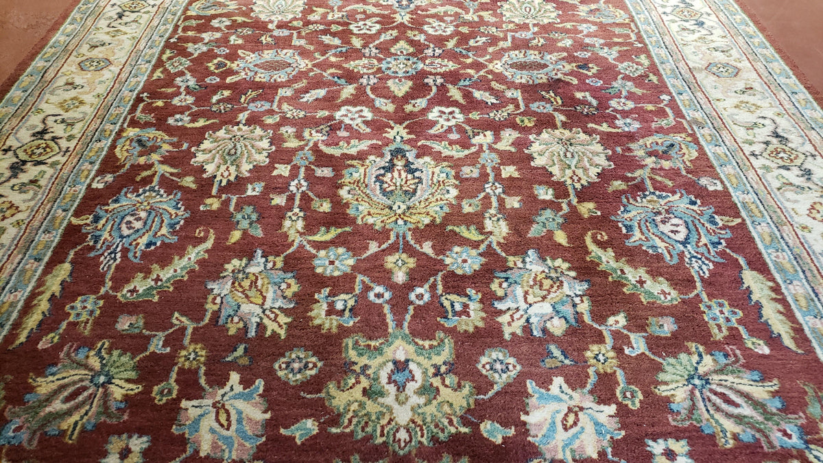 8x12 Indo-Mahal Rug, Floral Allover, Red & Beige, Wool Vintage Handmade Traditional Carpet - Jewel Rugs, view 4