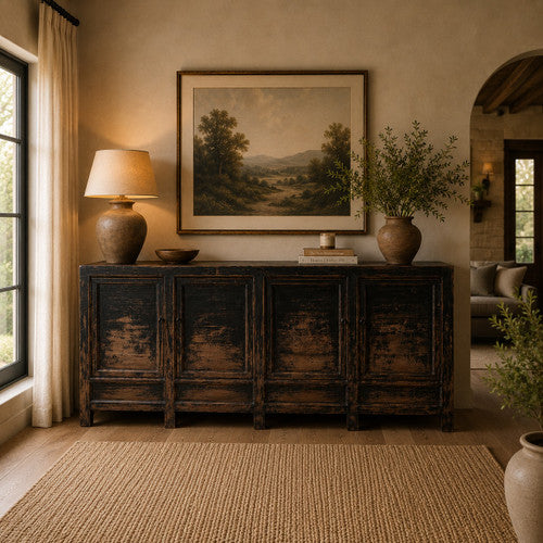 Approx.98" Long 19" Deep Four Door Sideboard Distressed Black image 2